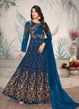 Load image into Gallery viewer, Blue Kalidar Embroidered Designer Anarkali Suit