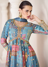 Load image into Gallery viewer, Blue Multi Colour Printed Anarkali Style Gown
