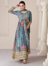 Load image into Gallery viewer, Blue Multi Colour Printed Anarkali Style Gown