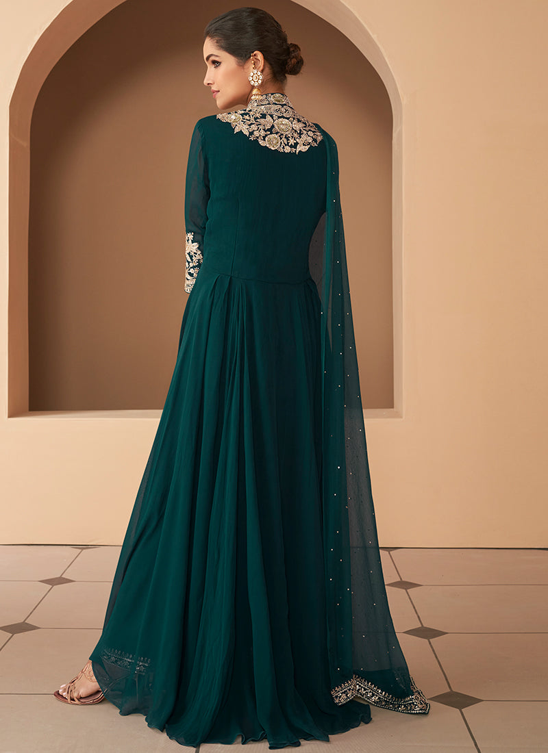 bottle green anarkali dress Bottle Green Elegant Printed Three-Piece Anarkali Suit with Belt main image 1