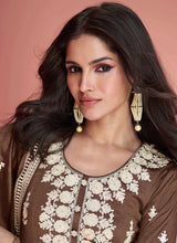 Load image into Gallery viewer, Coffee Brown Silk Embroidered Pant Style Suit
