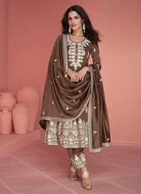Load image into Gallery viewer, Coffee Brown Silk Embroidered Pant Style Suit