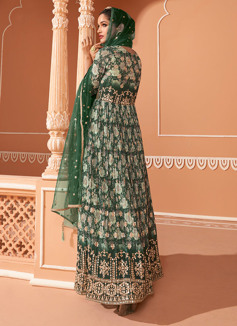 slim fit dress slacks Dark Green Multi Colour Floral Embroidered Anarkali