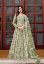Load image into Gallery viewer, Embroidered Mehendi Green Anarkali Suit