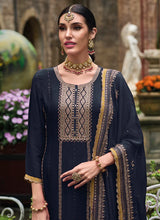 Load image into Gallery viewer, Flare and Flow Blue Embroidered Palazzo Suit