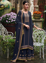 Load image into Gallery viewer, Flare and Flow Blue Embroidered Palazzo Suit