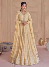 Load image into Gallery viewer, Gold Colour Ensembled Lucknowi Embroidered Sharara Flare Anarkali