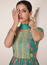 Load image into Gallery viewer, Green Multi Colour Printed Anarkali Style Gown
