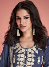 Load image into Gallery viewer, Greyish Blue Silk Embroidered Pant Style Suit