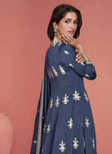 Load image into Gallery viewer, Greyish Blue Silk Embroidered Pant Style Suit