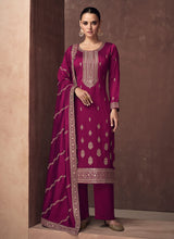 Load image into Gallery viewer, Magenta and Gold Embroidered Stylish Pant Suit