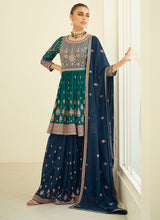 Load image into Gallery viewer, Mesmerizing Green and Blue Embroidered Sharara Suit