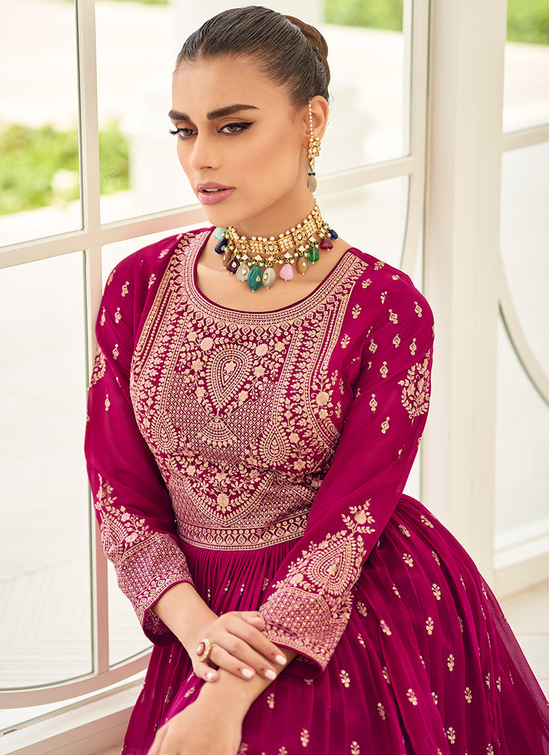 Mesmerizing Magenta and Green Embroidered Sharara Suit - Indian Clothing Magenta / Thread / Georgette Mesmerizing Magenta and Green Embroidered Sharara Suit - Indian Clothing Magenta / Thread / Georgette