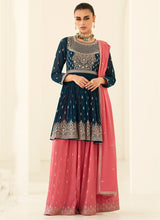 Load image into Gallery viewer, Mesmerizing Teal and Peach Embroidered Sharara Suit