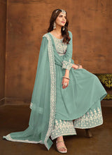 Load image into Gallery viewer, Regal Elegance Blue Embroidered Palazzo Style Suit