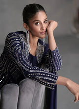 Load image into Gallery viewer, Regal Elegance Navy Blue Saree Style Lehenga Set