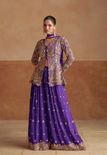 Load image into Gallery viewer, Royal purple heavy embroidered front-open peplum jacket with wide-leg palazzo pants and matching dupatta set
