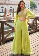 Load image into Gallery viewer, Silk Embroidered Lime Green Sharara Suit with Striped Pants