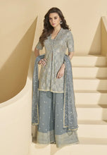 Load image into Gallery viewer, Soft Hue Embroidered Dusty Blue Palazzo Suit