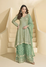 Load image into Gallery viewer, Soft Hue Embroidered Sea Green Palazzo Suit