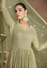 Load image into Gallery viewer, Soft Hues Timeless Embroidered Olive Green Anarkali