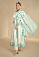 Load image into Gallery viewer, Teal White Flattering Slit-Style Anarkali Dress