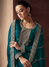 Load image into Gallery viewer, Teal and Gold Embroidered Stylish Pant Suit