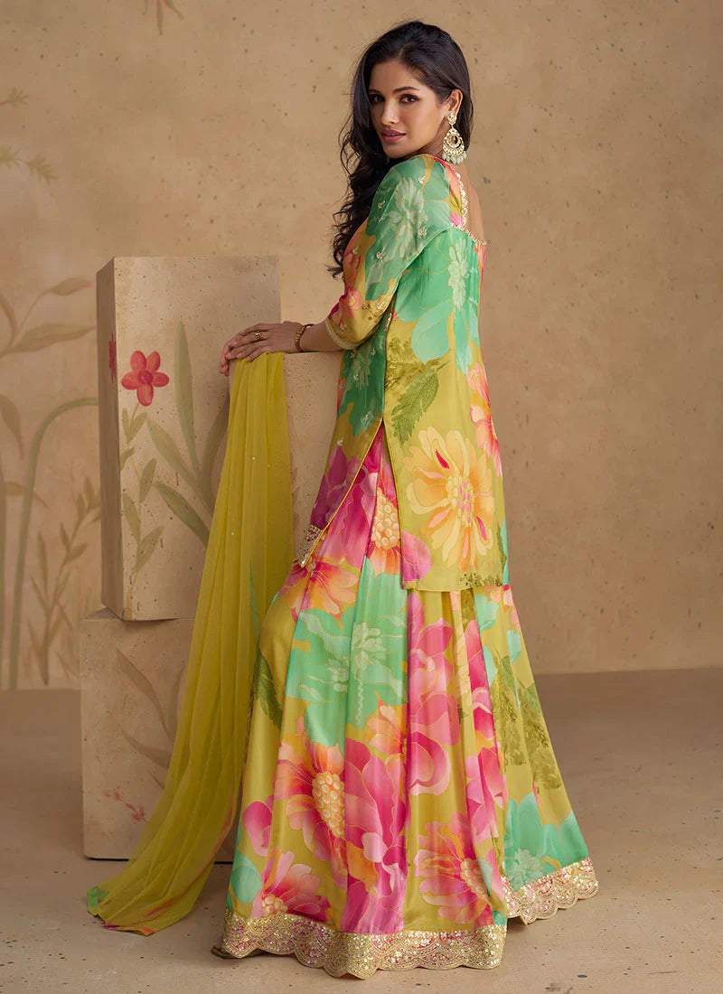 Vibrant Golden Multicolor Floral Sharara Style Suit (Indian Dress) Golden / Stone / Silk