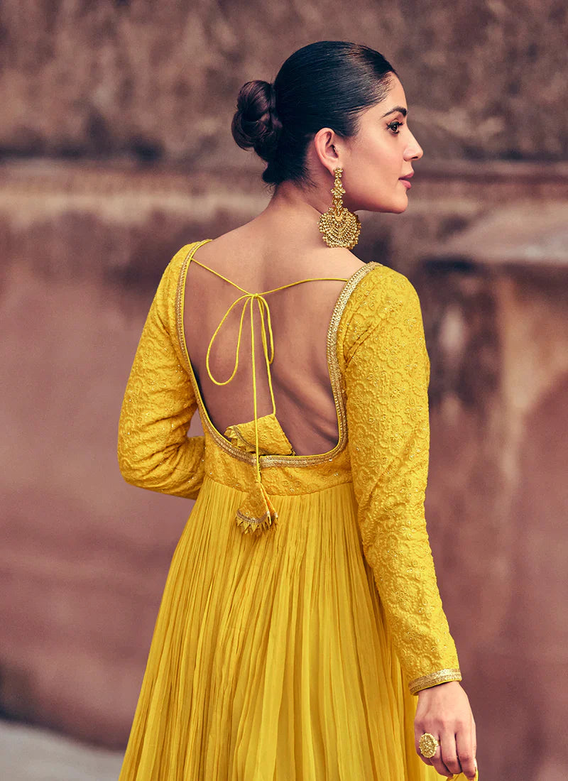 yellow dress for haldi Yellow Embroidered Haldi Wear Kalidar Anarkali Suit