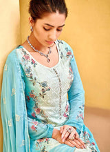 Load image into Gallery viewer, Aqua Floral Print Embroidered Straight Pant Suit fashionandstylish.myshopify.com