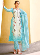 Load image into Gallery viewer, Aqua Floral Print Embroidered Straight Pant Suit fashionandstylish.myshopify.com