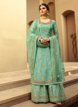 Load image into Gallery viewer, Aqua Heavy Embroidered Designer Palazzo Style Suit fashionandstylish.myshopify.com