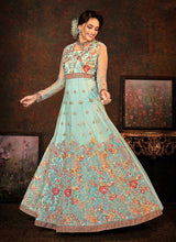 Load image into Gallery viewer, Aqua and Gold Floral Embroidered Kalidar Anarkali fashionandstylish.myshopify.com