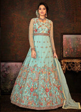 Load image into Gallery viewer, Aqua and Gold Floral Embroidered Kalidar Anarkali fashionandstylish.myshopify.com