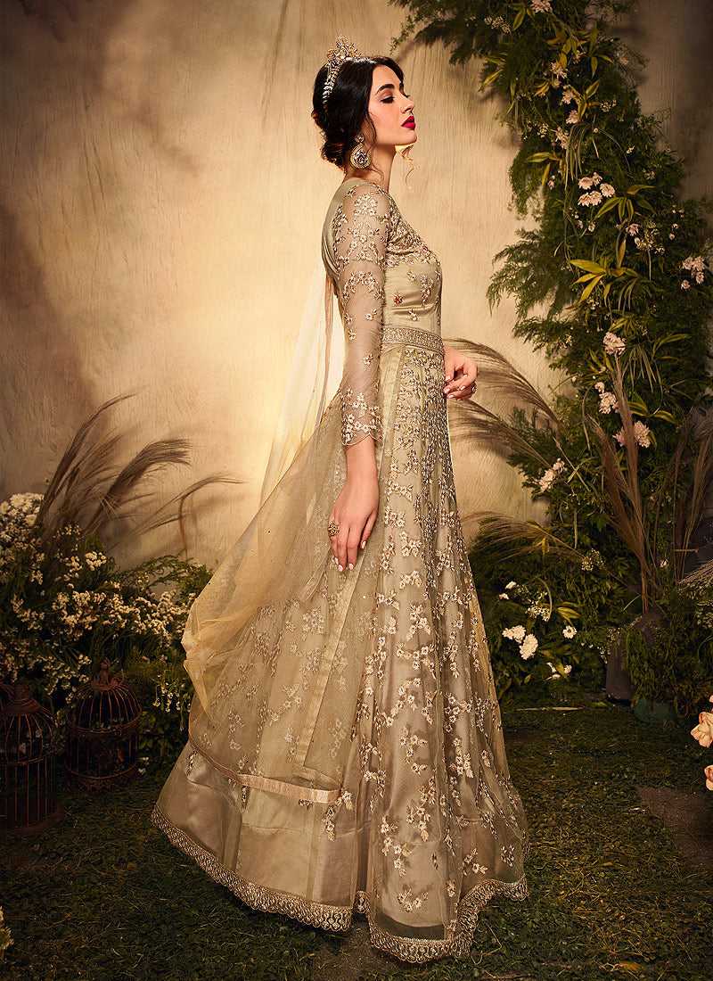 Beige Gold Heavy Embroidered Gown Style Anarkali Suit Beige Gold / swarovski / Net Beige Gold Heavy Embroidered Gown Style Anarkali Suit Beige Gold / swarovski / Net