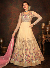 Load image into Gallery viewer, Beige and Gold Floral Embroidered Kalidar Anarkali fashionandstylish.myshopify.com