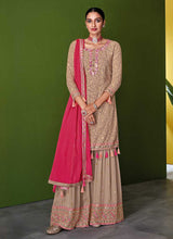 Load image into Gallery viewer, Beige and Pink Embroidered Palazzo Style Suit fashionandstylish.myshopify.com