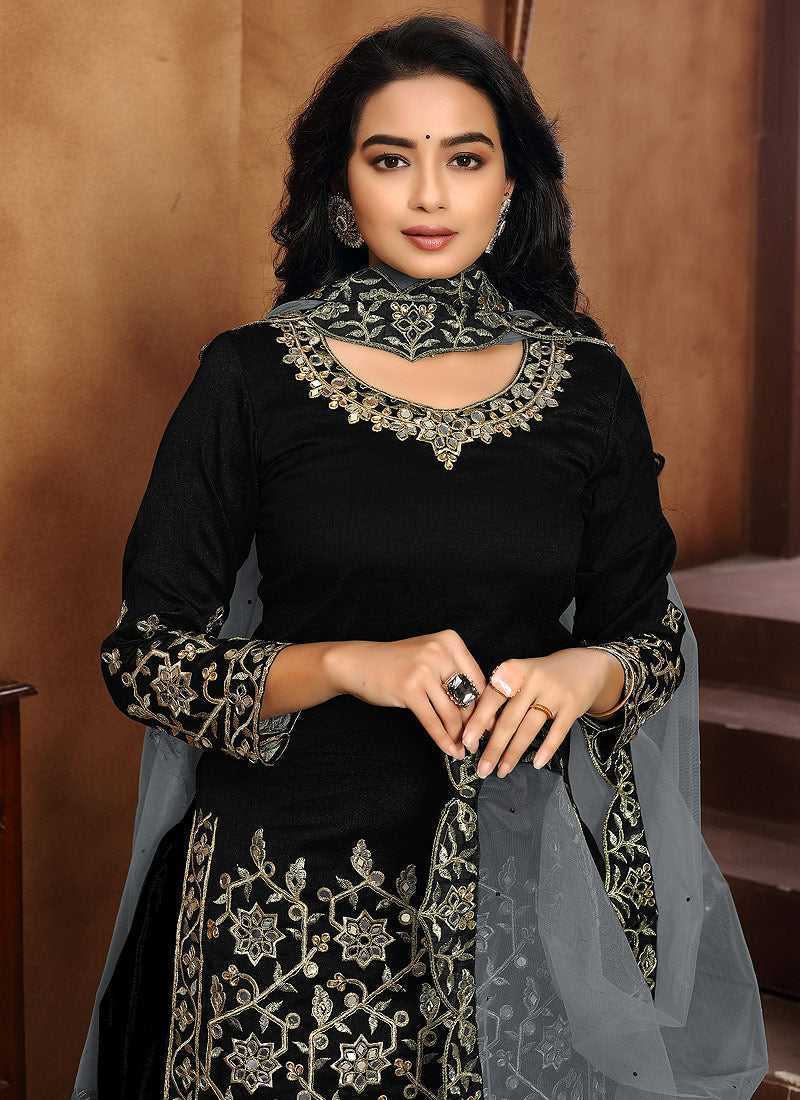 black punjabi dress Embroidered Classic Suit Black / Zari / Silk Size:XXL-3XL plus size funeral dress and hem Scoopneck