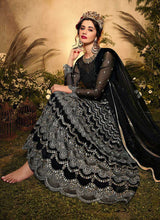 Load image into Gallery viewer, Black and Silver Heavy Embroidered Kalidar Lehenga Style Anarkali fashionandstylish.myshopify.com