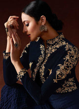 Load image into Gallery viewer, Blue Embroidered Floor Touch Jacket Style Gown fashionandstylish.myshopify.com