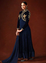 Load image into Gallery viewer, Blue Embroidered Floor Touch Jacket Style Gown fashionandstylish.myshopify.com
