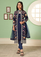 Load image into Gallery viewer, Blue Embroidered Jacket Style Pant Suit