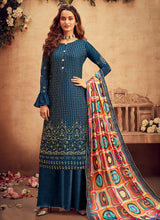 Load image into Gallery viewer, Blue Embroidered Palazzo Style Suit fashionandstylish.myshopify.com