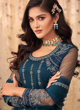 Load image into Gallery viewer, Blue Floral Embroidered Designer Pant Style Suit fashionandstylish.myshopify.com