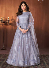 Load image into Gallery viewer, Blue Grey Floral Embroidered Kalidar Anarkali Suit fashionandstylish.myshopify.com