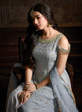 Load image into Gallery viewer, Blue Grey Slit Style Embroidered  Sharara Suit fashionandstylish.myshopify.com