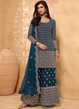 Load image into Gallery viewer, Blue Heavy Embroidered Designer Sharara Style Suit fashionandstylish.myshopify.com