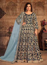 Load image into Gallery viewer, Blue Heavy Embroidered Designer Velvet Anarkali Suit fashionandstylish.myshopify.com