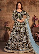 Load image into Gallery viewer, Blue Heavy Embroidered Designer Velvet Anarkali Suit fashionandstylish.myshopify.com