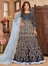 Load image into Gallery viewer, Blue Heavy Embroidered Kalidar Velvet Anarkali Suit fashionandstylish.myshopify.com